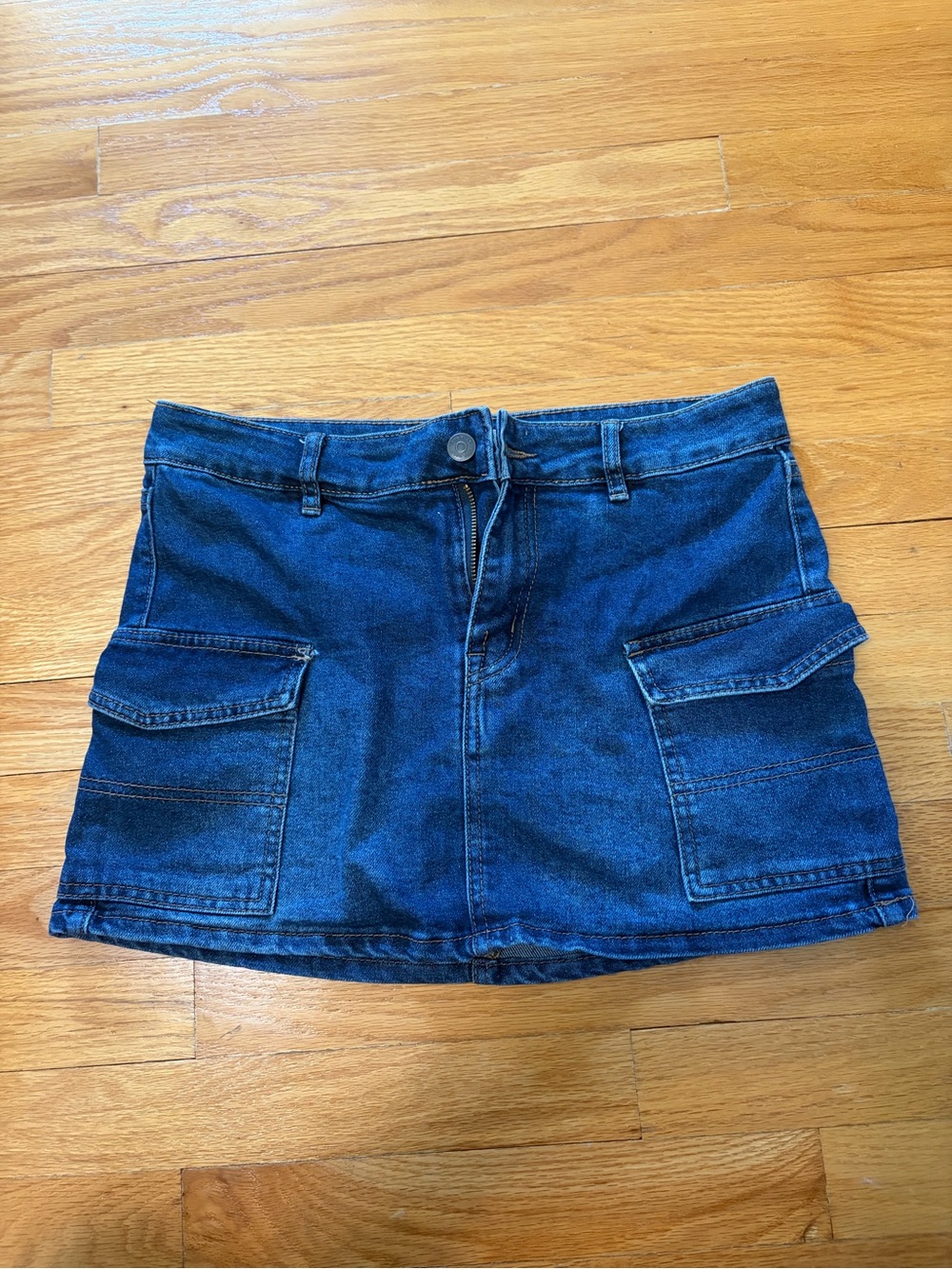 Dark Blue Denim Mini Skirt with Front Flap Pockets